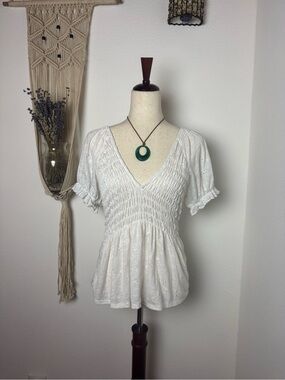 Vintage White Smocked V-Neck Eyelet Blouse